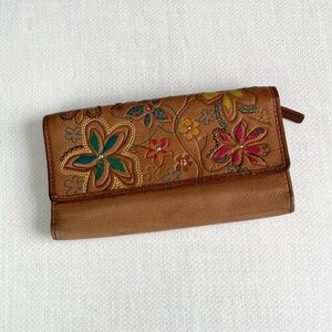 Fossil Flower Wallet embossed colorful brown leather